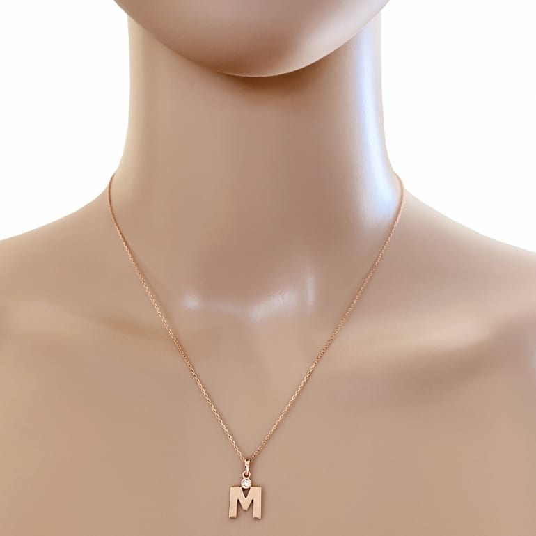 9ct Rose Gold Necklace With Cubic Zirconia - Initial M
