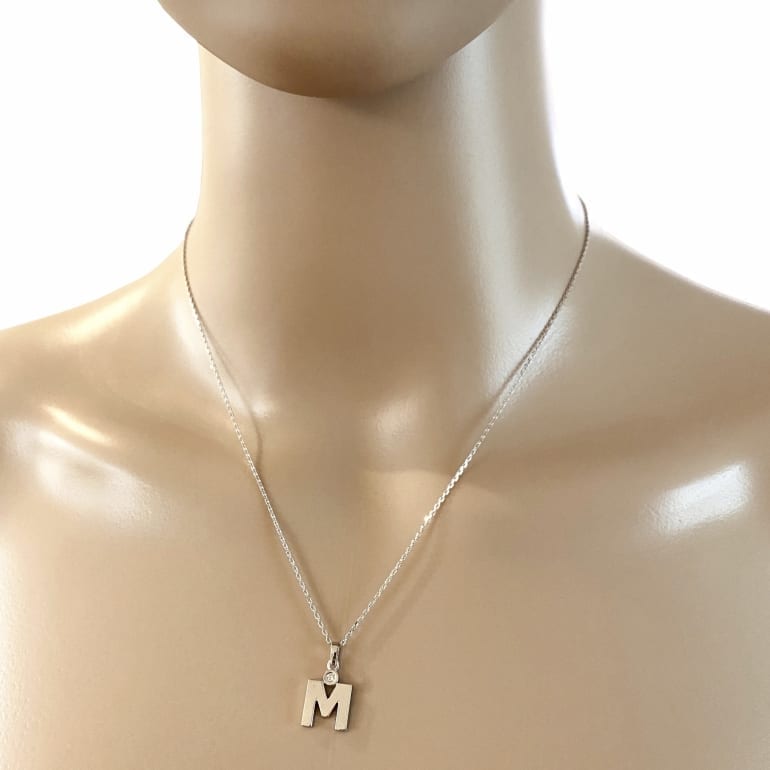 9ct White Gold Necklace With Cubic Zirconia - Initial M