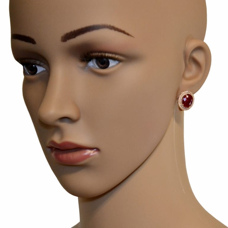 Rose gold earrings with oval ruby and cubic zirconia