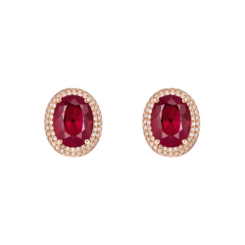14ct Rose Gold Earrings With Ruby And Cubic Zirconia
