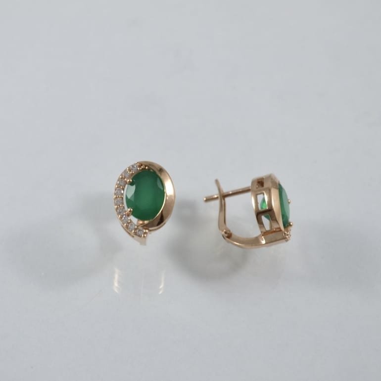 Rose gold earrings with green onyx and cubic zirconia