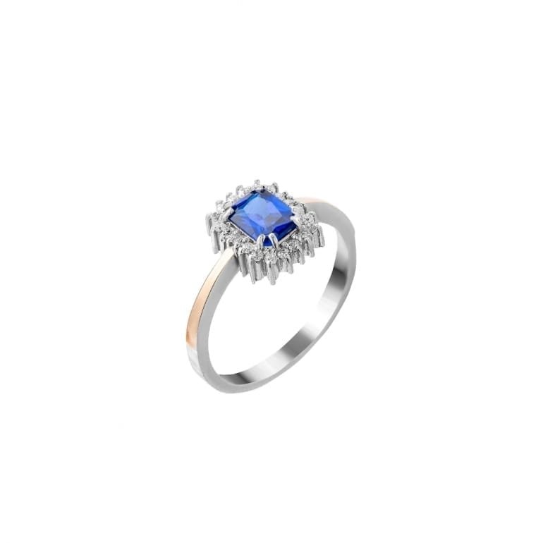 Sterling silver ring with 9ct gold plates and blue cubic zirconia
