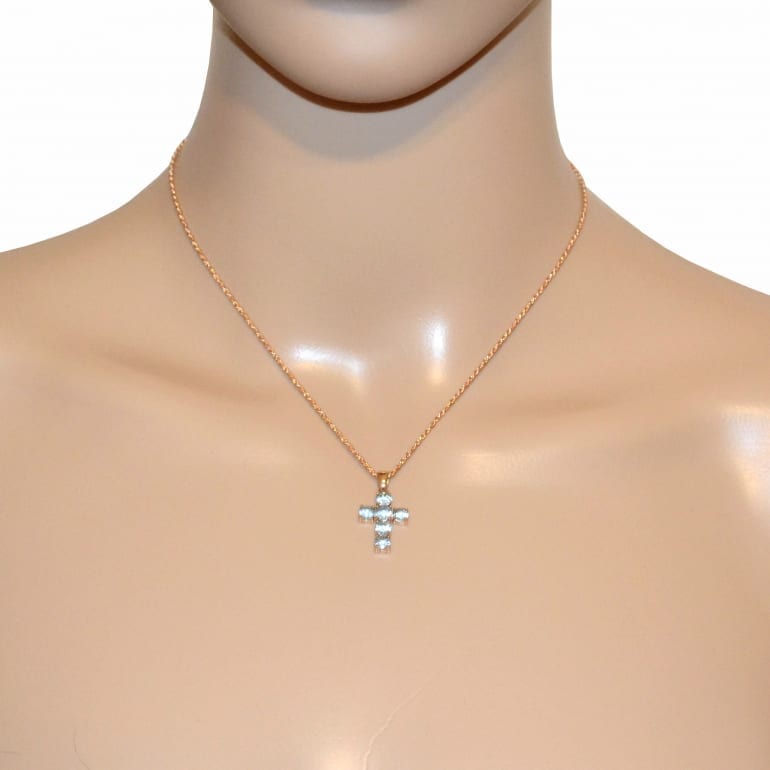 14ct Rose Gold Pendant - Cross With Topaz