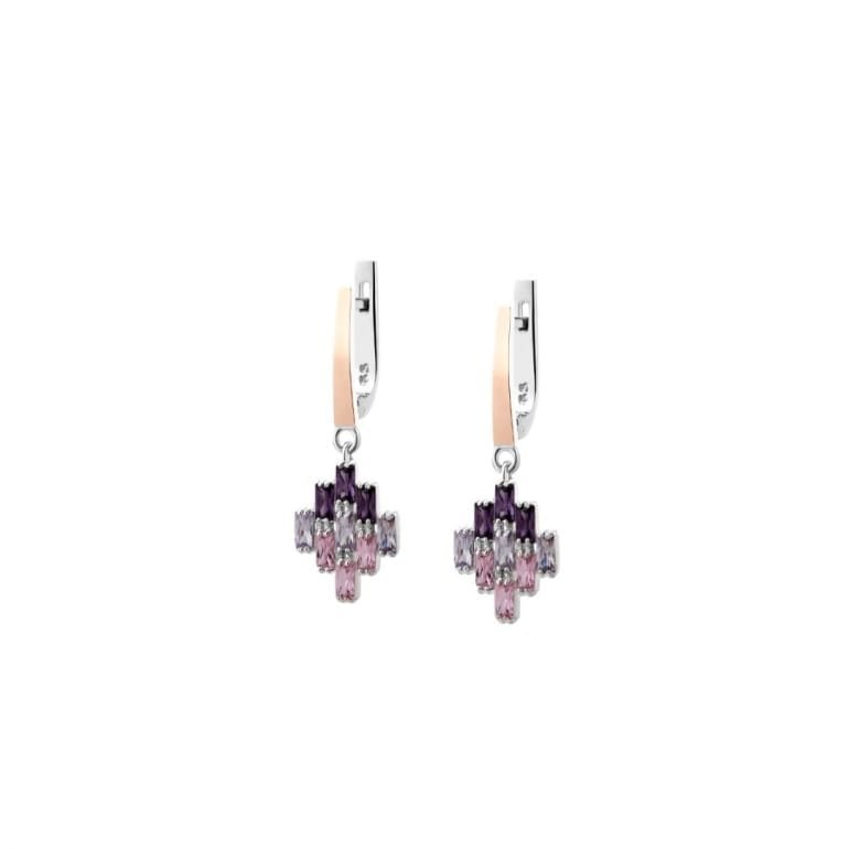 Dangling sterling silver earrings with rose gold plates and pink purple cubic zirconia
