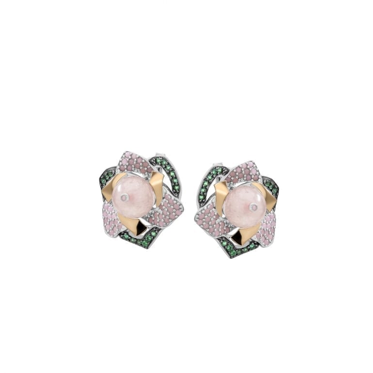 Sterling silver earrings with gold plates and rose quartz and cubic zirconia