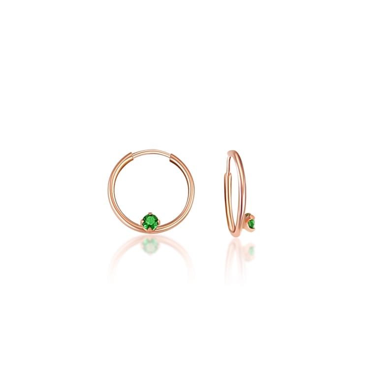 rose gold hoops with green cubic zirconia