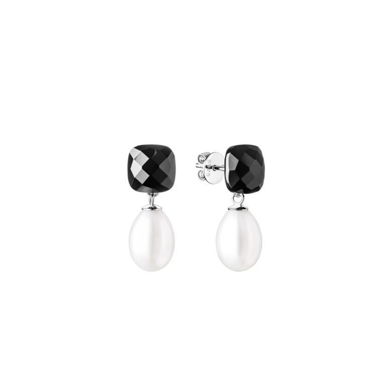 sterling silver earrings with cultivated pearls and onyx