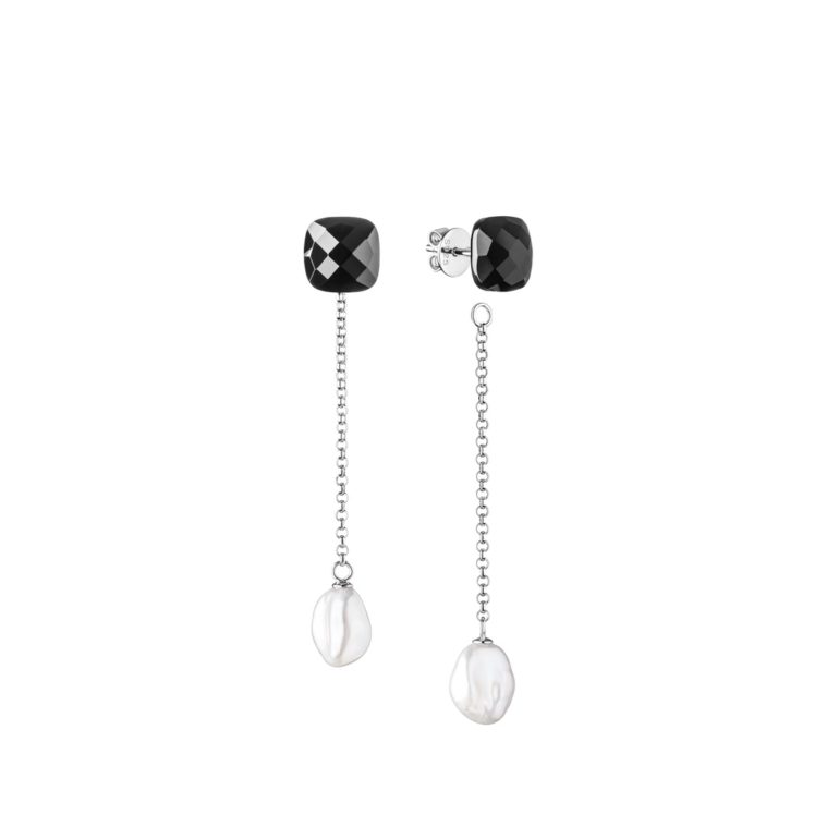 sterling silver dangling earrings with cultivated pearls and onyx