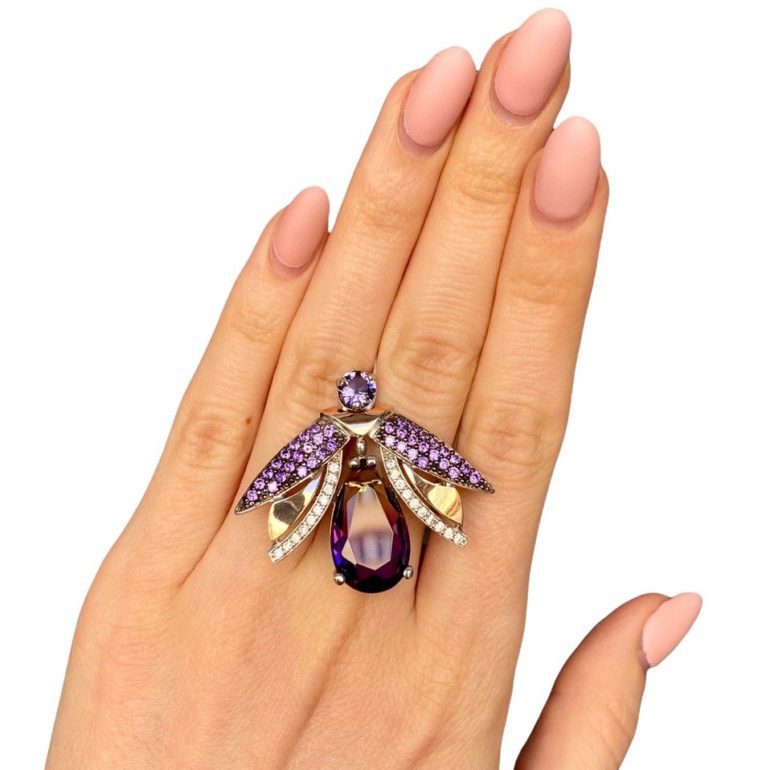 Sterling Silver Brooch With Gold Plates, Alpanite And Cubic Zirconia