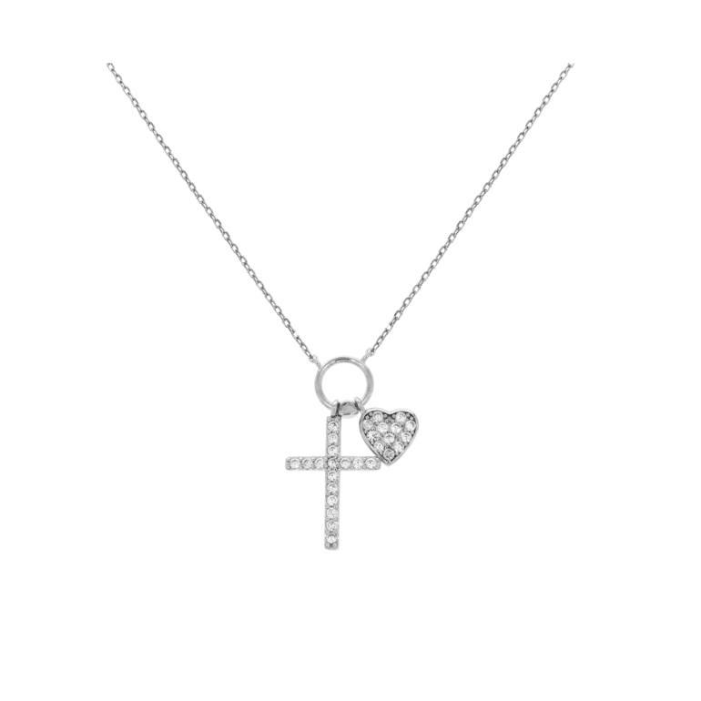 sterling silver necklace with cubic zirconia - cross and heart