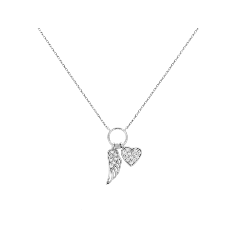 sterling silver necklace with cubic zirconia - wing and heart