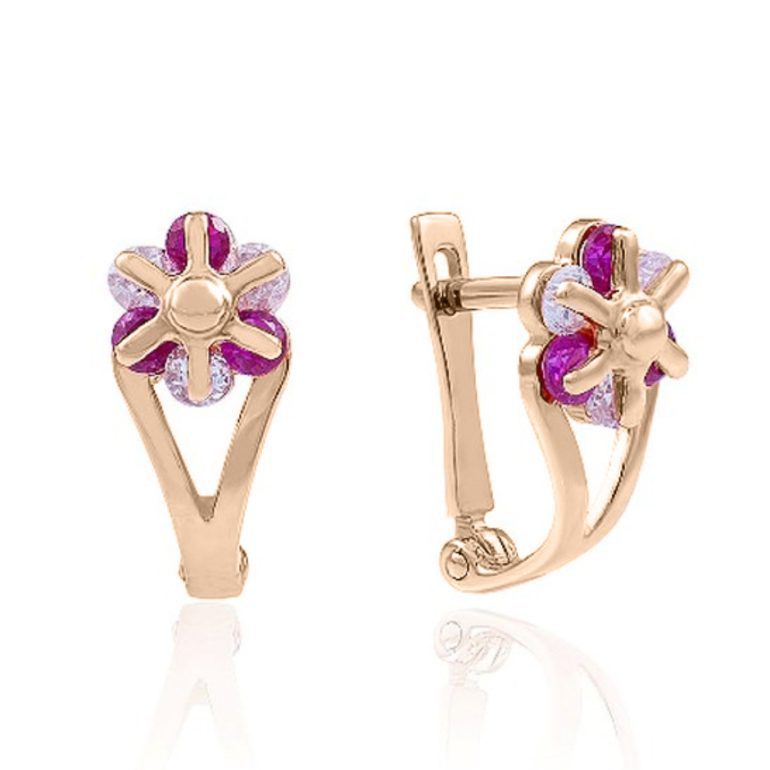 auksiniai auskarai su alyvinės ir baltos spalvos cirkoniu