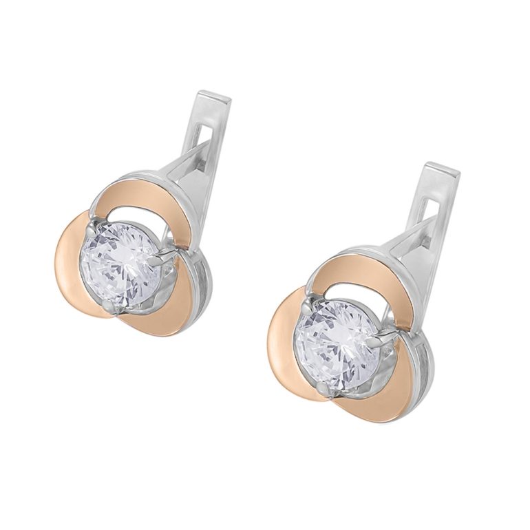 Smulkūs sidabriniai auskarai su auksinėmis plokštelėmis ir fianitais