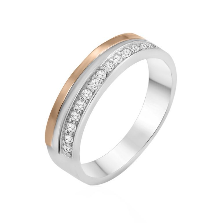 Elegantiškas sidabrins žiedas su auksinėmis plokštelėmis ir balto cirkonio akutėmis