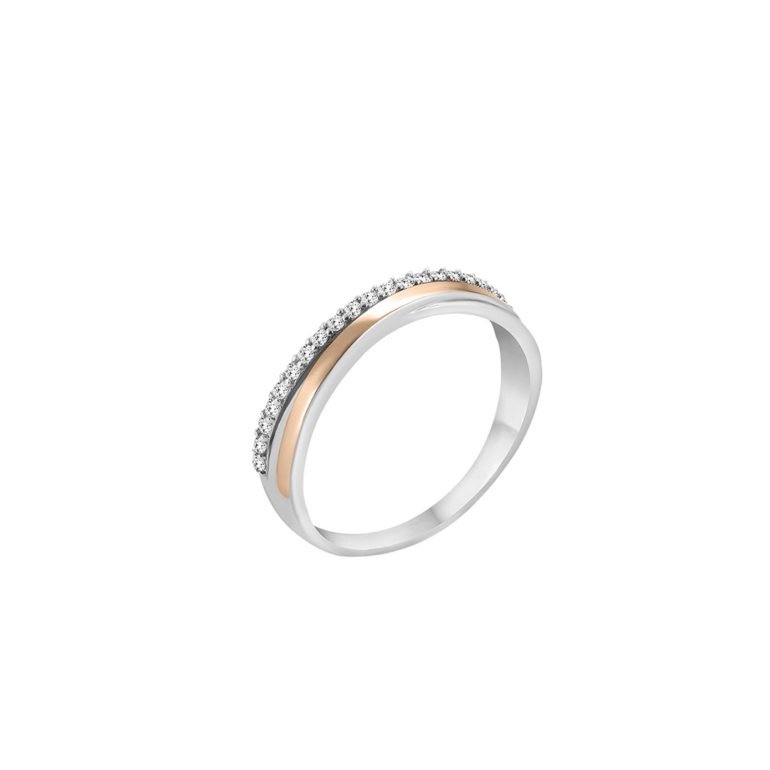 Elegantiškas smulkus sidabrins žiedas su auksinėmis plokštelėmis ir balto cirkonio akutėmis