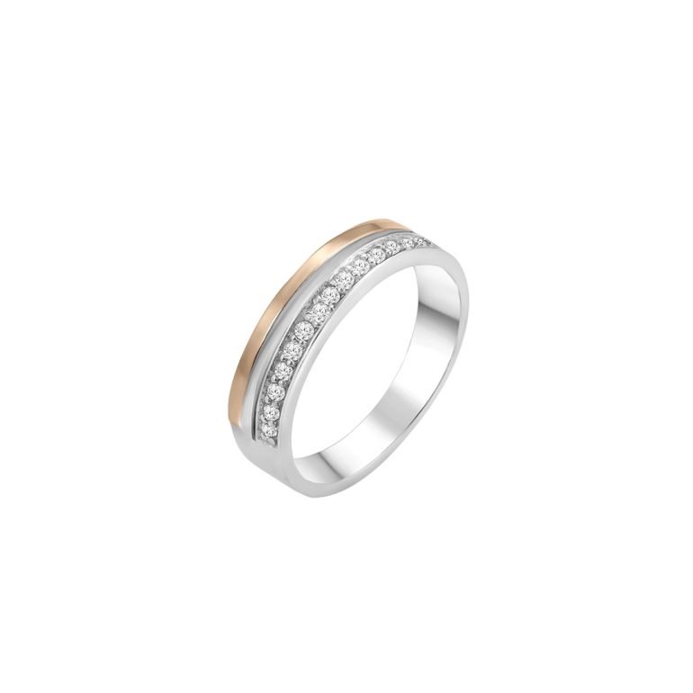 Elegantiškas sidabrins žiedas su auksinėmis plokštelėmis ir balto cirkonio akutėmis