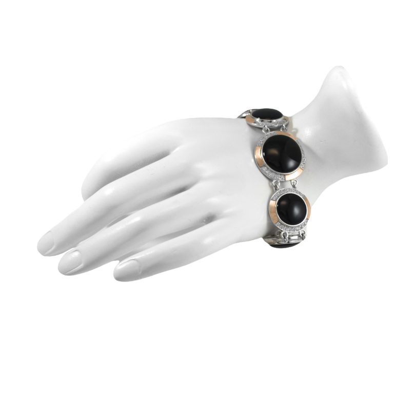 Sidabrinė apyrankė su auksinėmis plokštelėmis, oniksu ir cirkoniu