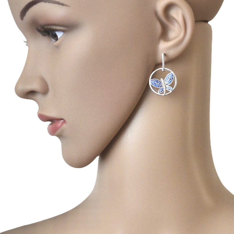 Sidabriniai auskarai su mėlynos spalvos fianitais - drugeliai