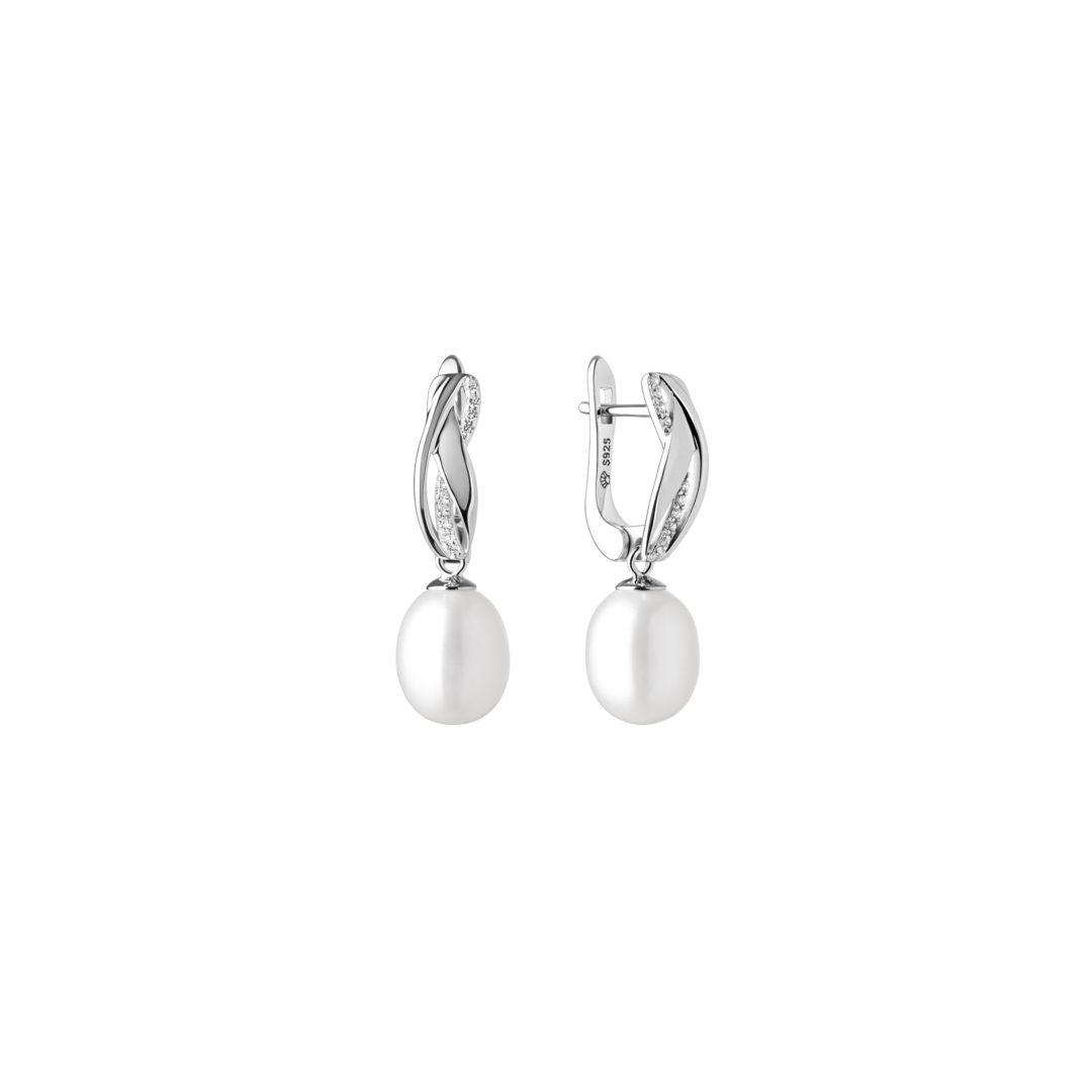 sterling silver earrings with white cultivated pearls and cubic zirconia