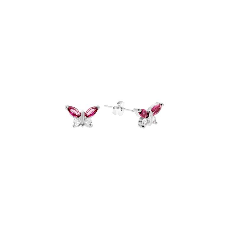 Smulkūs sidabriniai adatiniai auskarai su rožiniu ir baltu cirkoniu - drugeliai