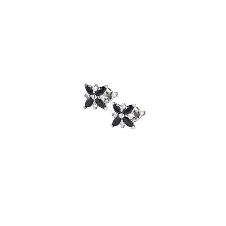 Gėlytės formos smulkūs adatiniai užsukami auskarai su juodais ir baltais fianitais