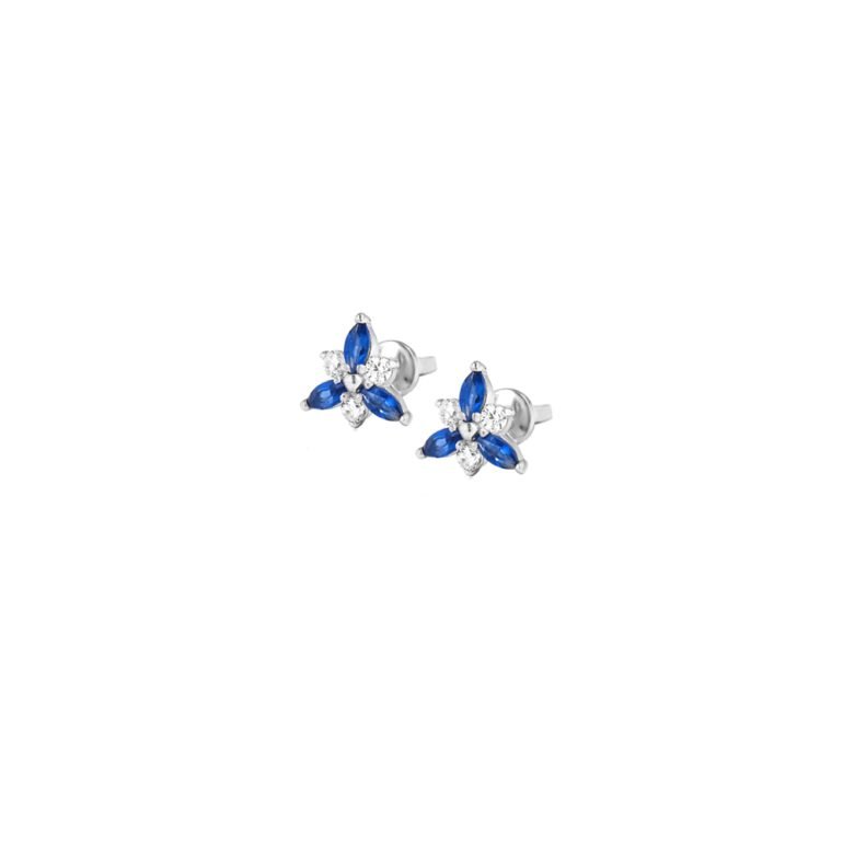 Smulkūs adatiniai užsukami auskarai su mėlynais ir baltais fianitais