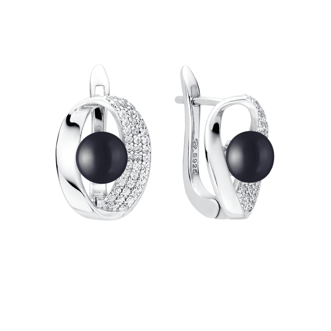 Elegantiški sidabriniai auskarai su juodais kultivuotais perlais ir cirkoniu
