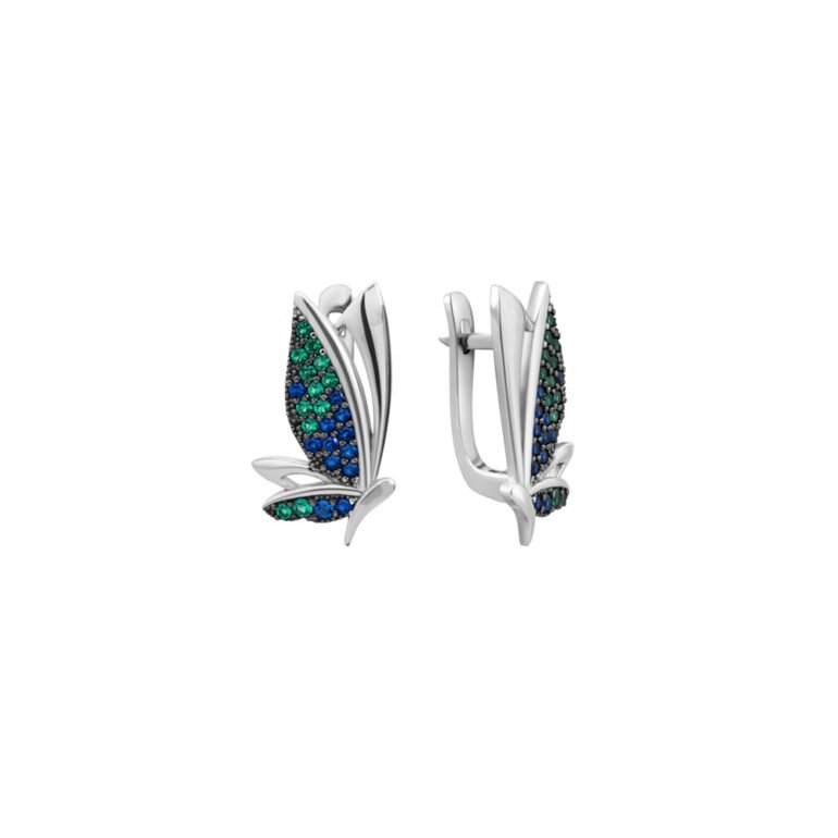 Žėrintys spalvingi sidabriniai auskarai su mėlynomis ir žaliomis cirkonio akutėmis
