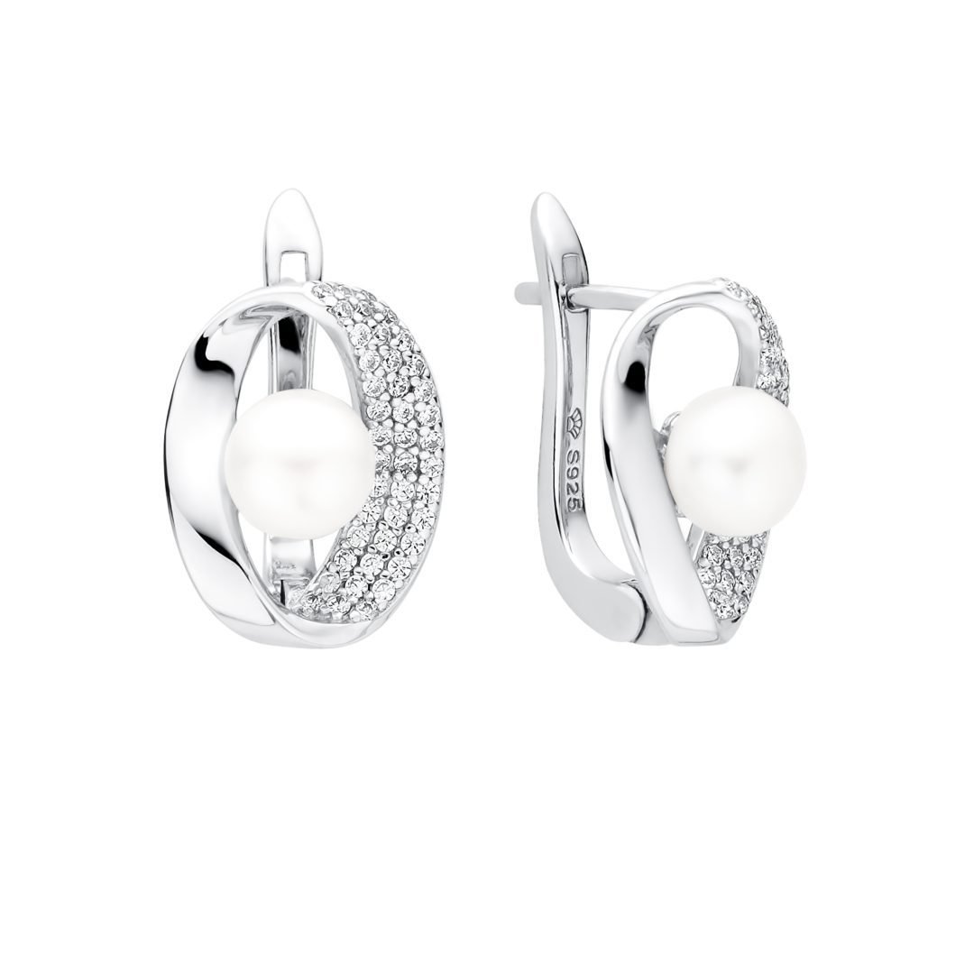 Elegantiški sidabriniai auskarai su baltais kultivuotais perlais ir cirkoniu.