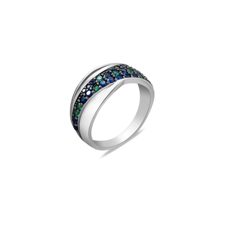 Spalvingas ir žėrintis sidabrinis žiedas su mėlynomis ir žaliomis cirkonio akutėmis