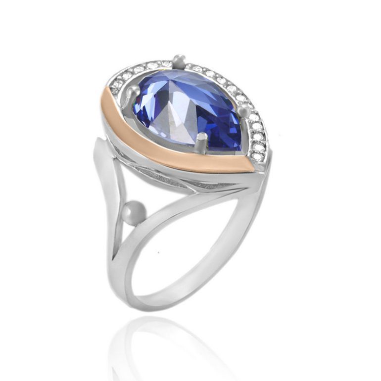 Sidabrinis žiedas su auksinėmis plokštelėmis ir fianitais