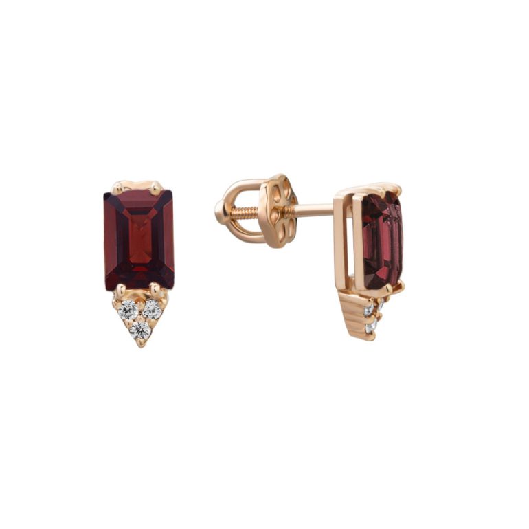 rose gold stud earrings with garnet and fianits