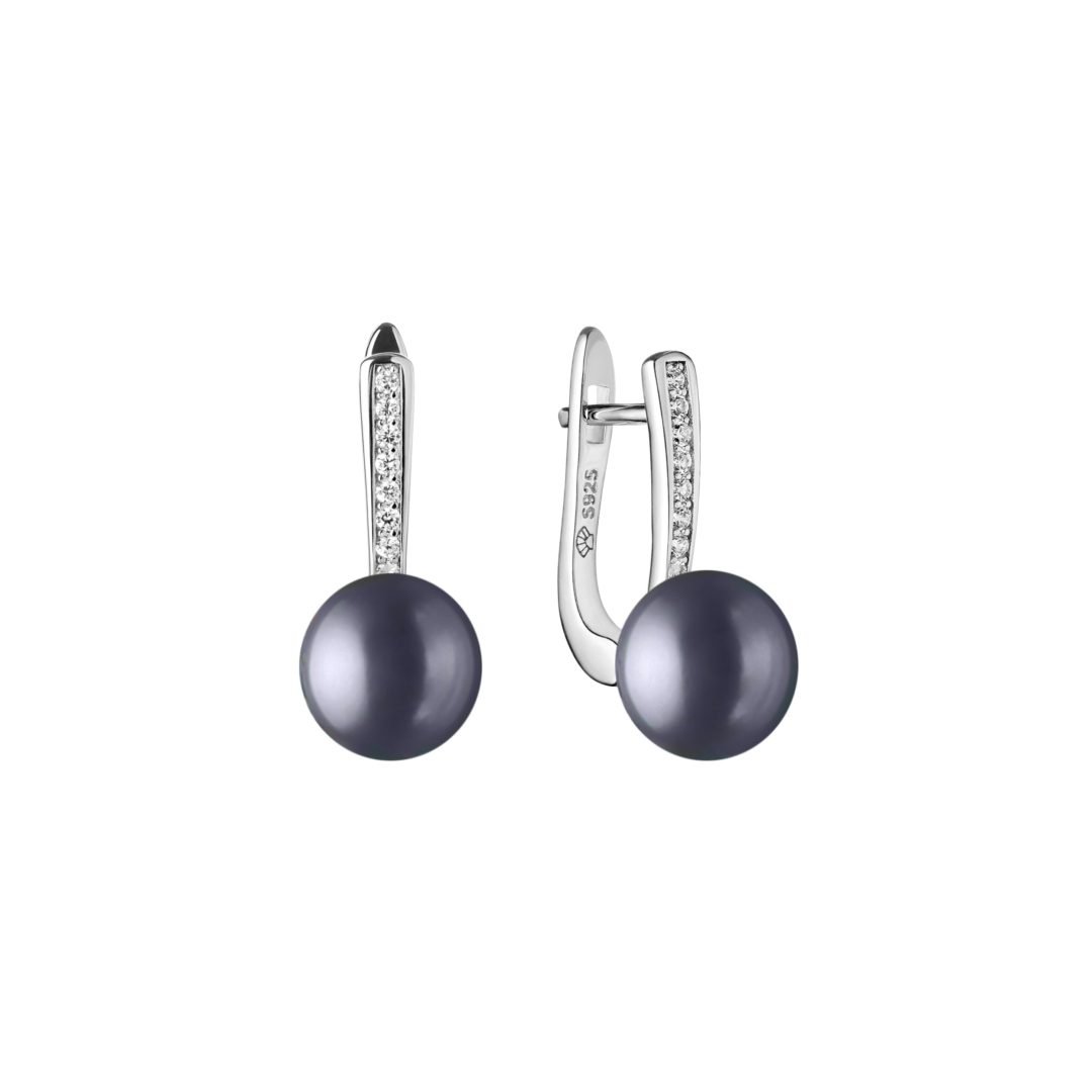 sidabriniai auskarai su juodais perlais ir cirkoniais