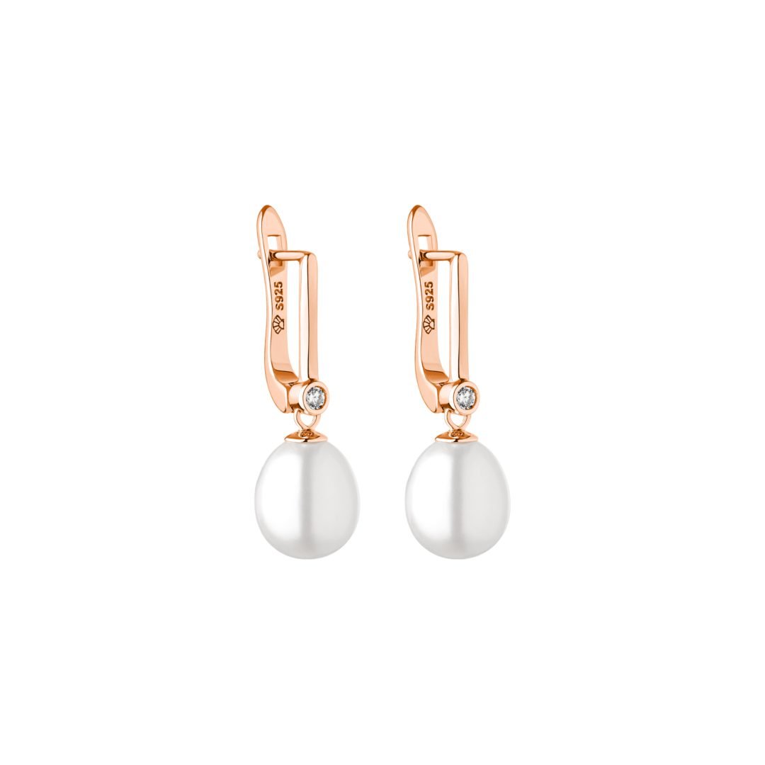 Elegantiški paauksuoti sidabriniai auskarai su baltais perlais ir cirkoniais