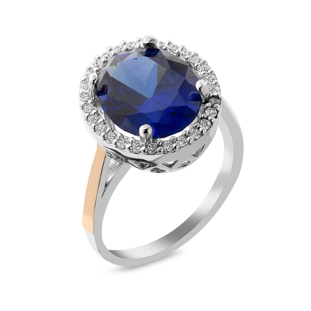 Elegantiškas sidabrinis žiedas su auksinėmis plokštelėmis, mėlynu alpanitu ir fianitais