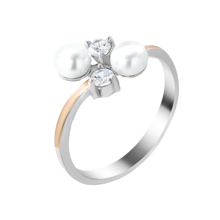 Sidabrinis žiedas su auksinėmis plokštelėmis, baltais kultivuotais perlais ir cirkoniais