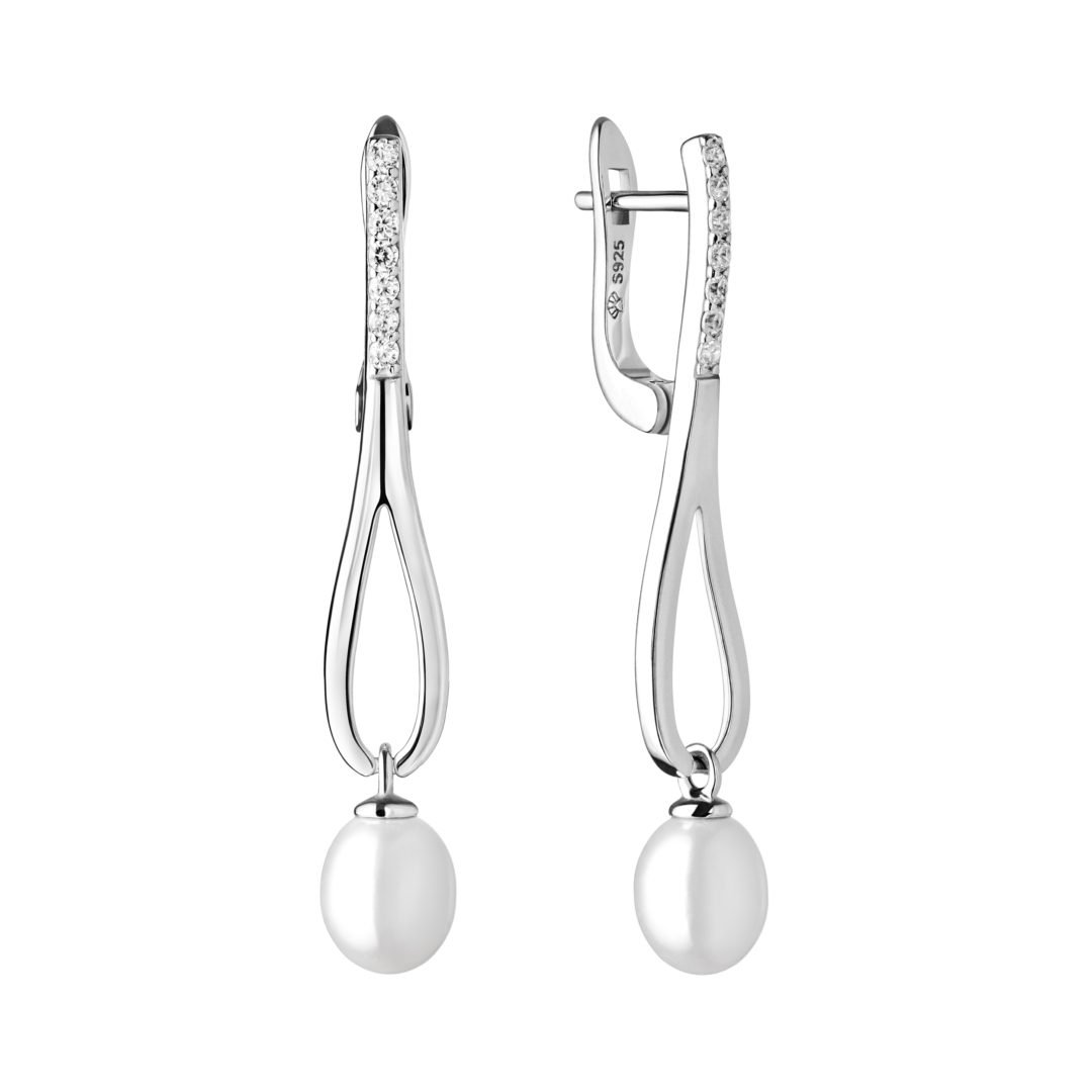 Elegantiški sidabriniai kabantys auskarai su baltais perlais ir cirkoniais