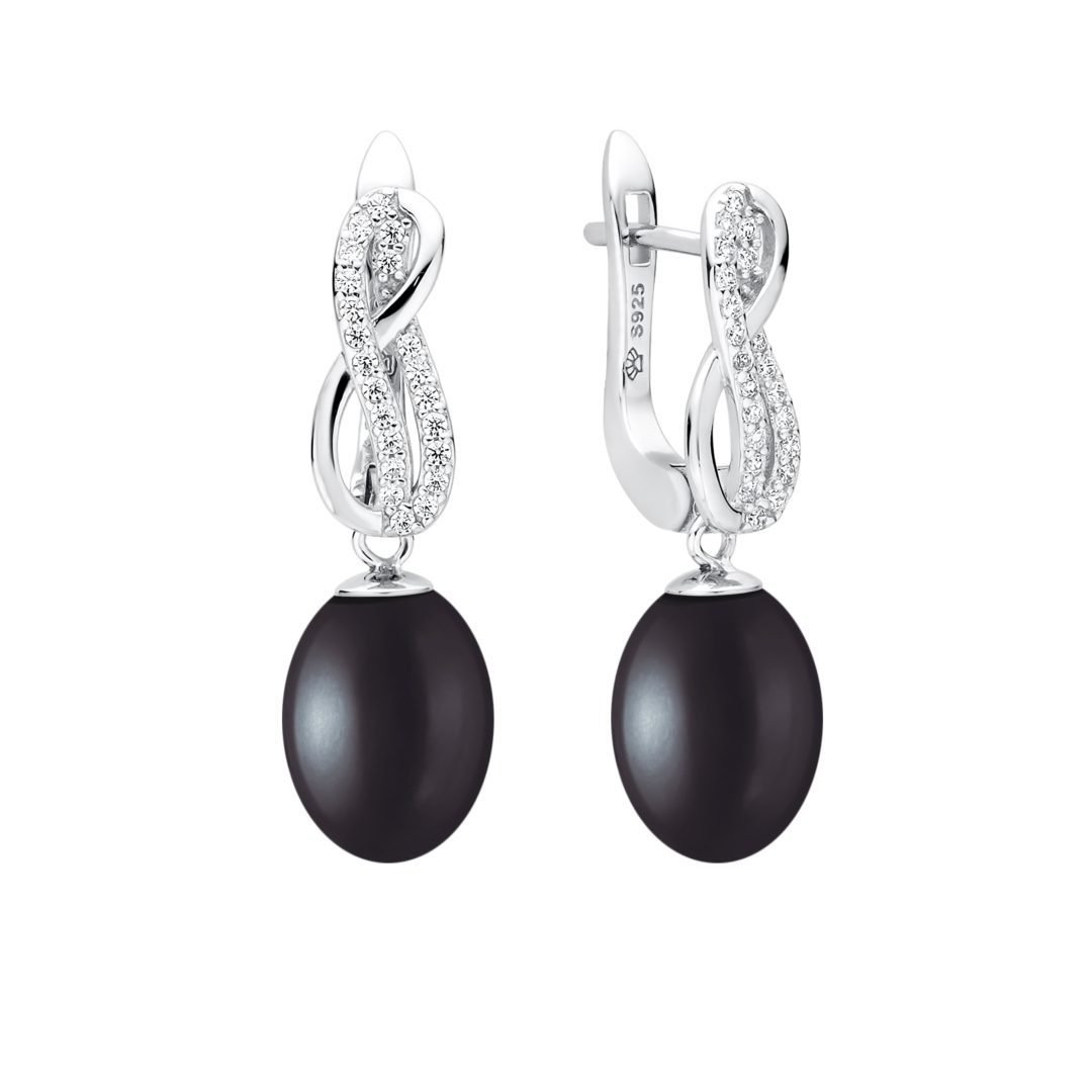 sidabriniai auskarai su juodais perlais ir cirkoniu