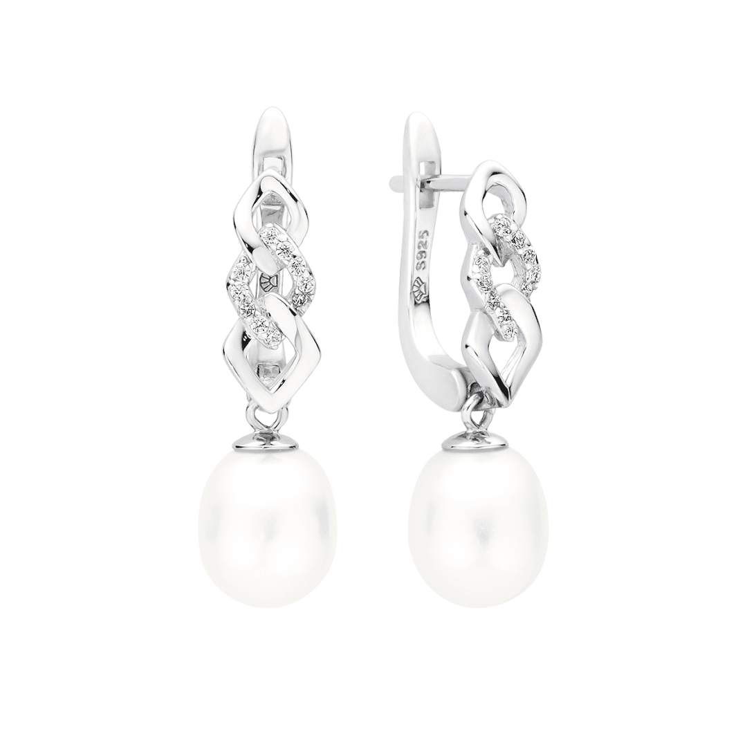 sidabriniai auskarai su baltais perlais ir cirkoniu
