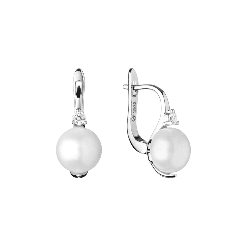 Elegantiški sidabriniai auskarai su baltais perlais ir cirkoniu. Angliškas užsegimas.