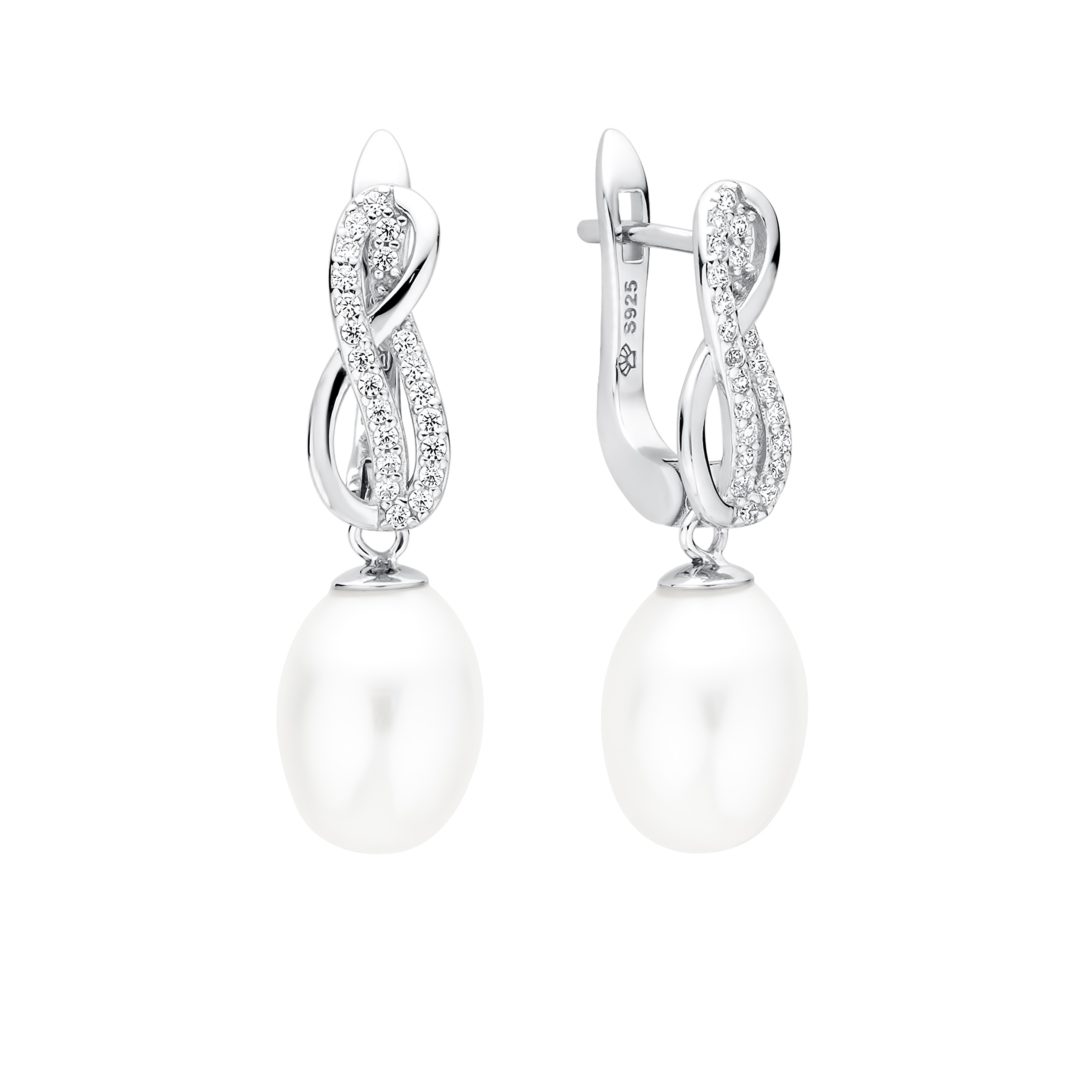 sterling silver earrings with white pearls and cubic zirconia