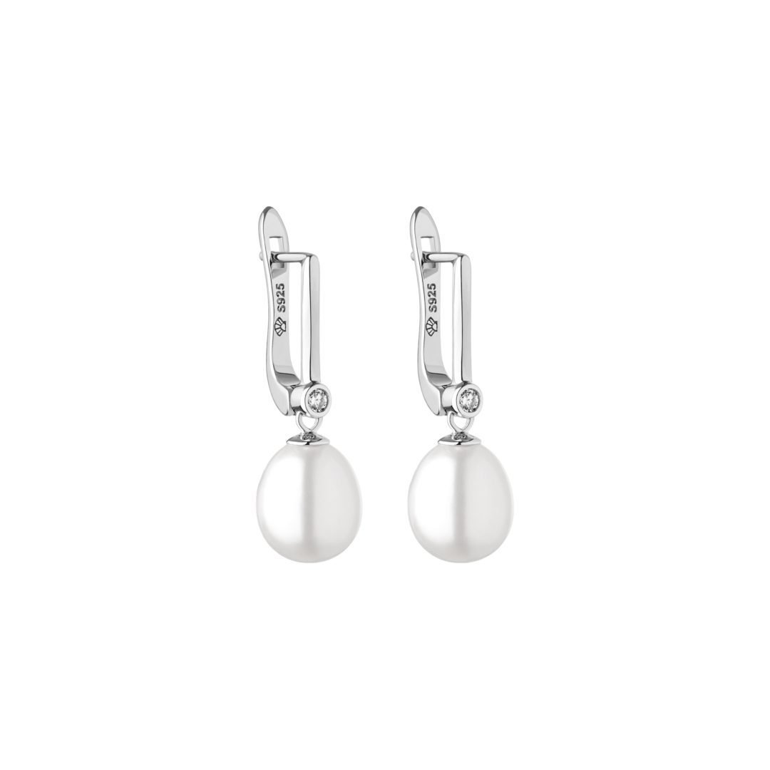 Elegantiški sidabriniai kabantys auskarai su baltais perlais ir cirkoniais
