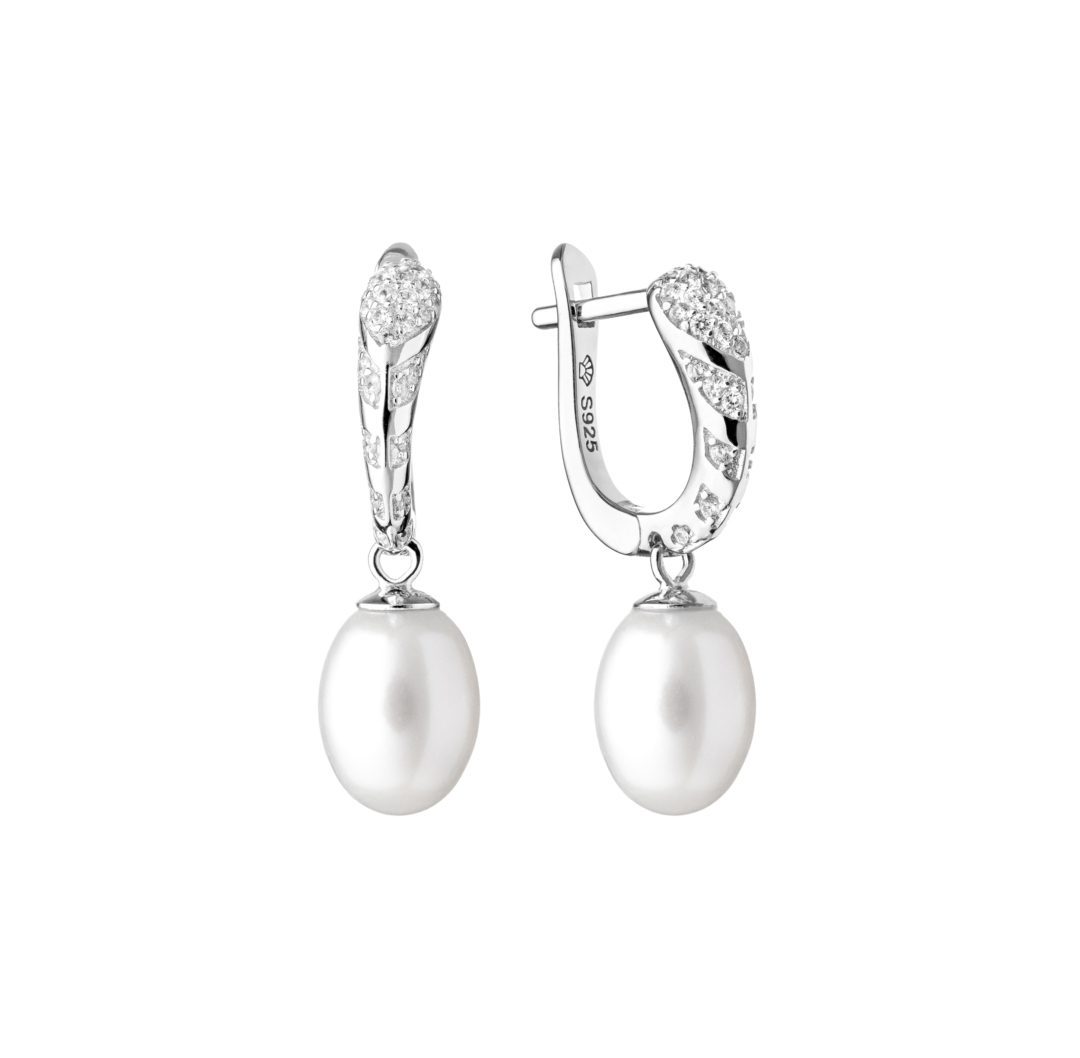 sterling silver earrings with white pearls and cubic zirconia