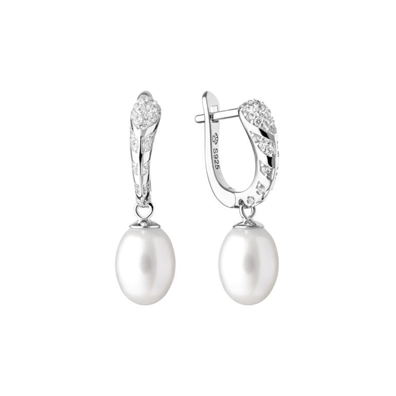 sterling silver earrings with white pearls and cubic zirconia