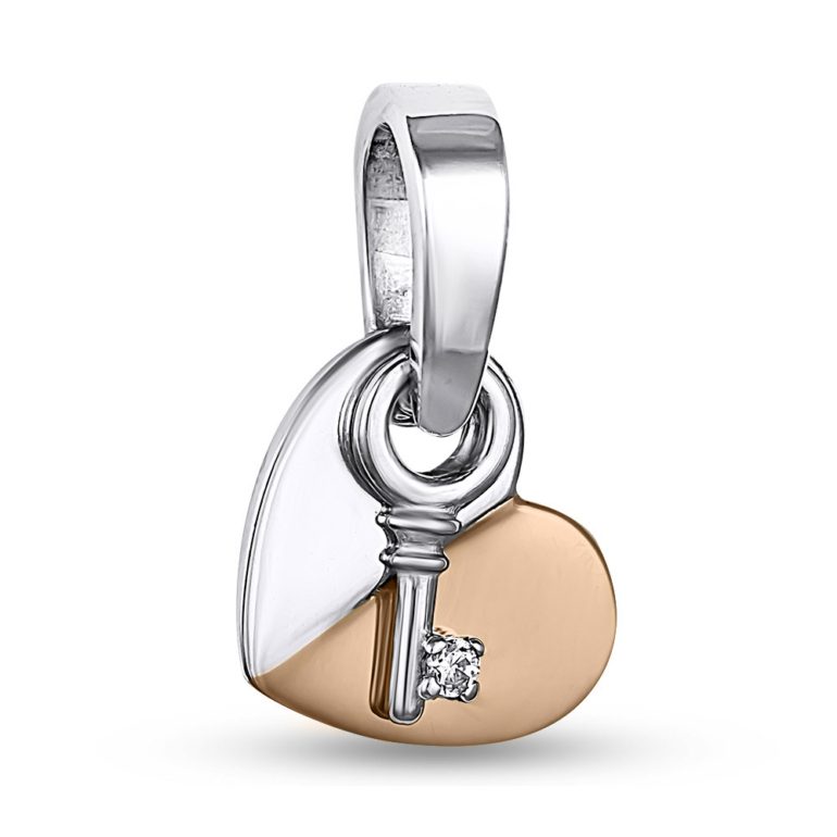 sidabrinis pakabukas su auksine plokštele ir cirkonio akute - širdelė su raktu