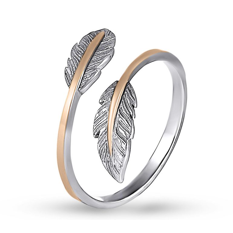 atviras sidabrinis žiedas su auksinėmis plokštelėmis - plunksnos