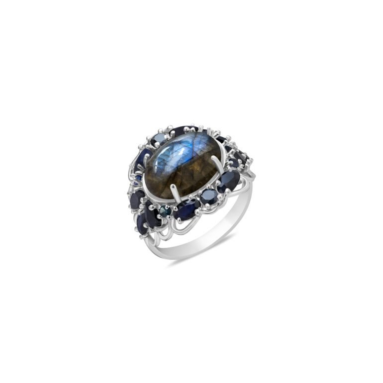 sterling silver ring with sapphires and labradorite