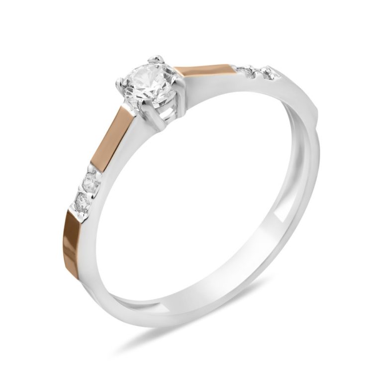 Smulkus sidabrinis žiedas su auksinėmis plokštelėmis ir fianitais