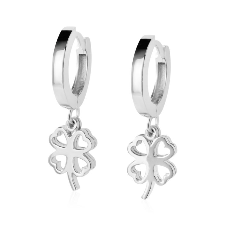 sterling silver hoop earrings with dandling four-leaf clover