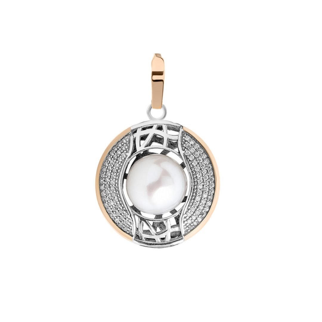 gold plated sterling silver pendant with cultivated pearl and cubic zirconia